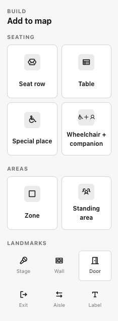 Build palette with seat row, table, special place, wheelchair, zone, standing area, and landmarks