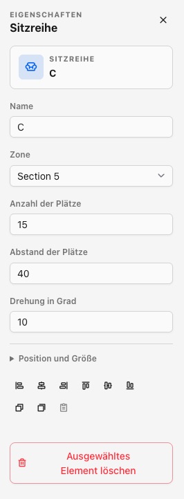 Eigenschaften-Panel am Beispiel einer Sitzreihe mit Name, Zone, Platzanzahl, Abstand und Drehung