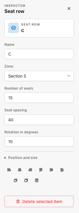 Inspector panel example for a seat row with name, zone, seat count, spacing, and rotation