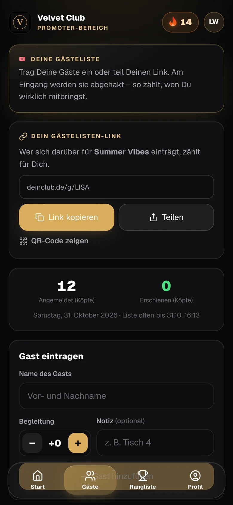 Link and QR code in the promoter app