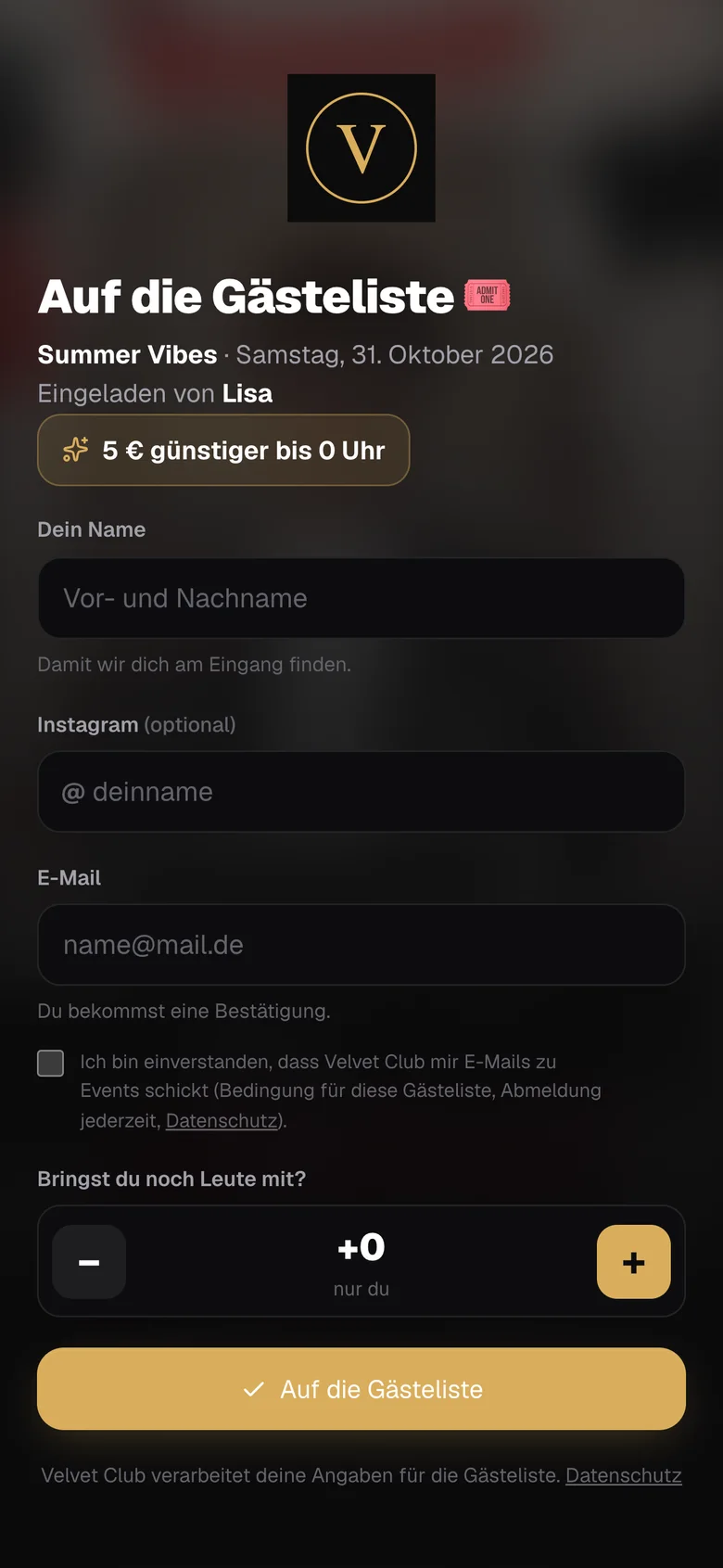 Guest list sign-up page with name, email and plus-ones