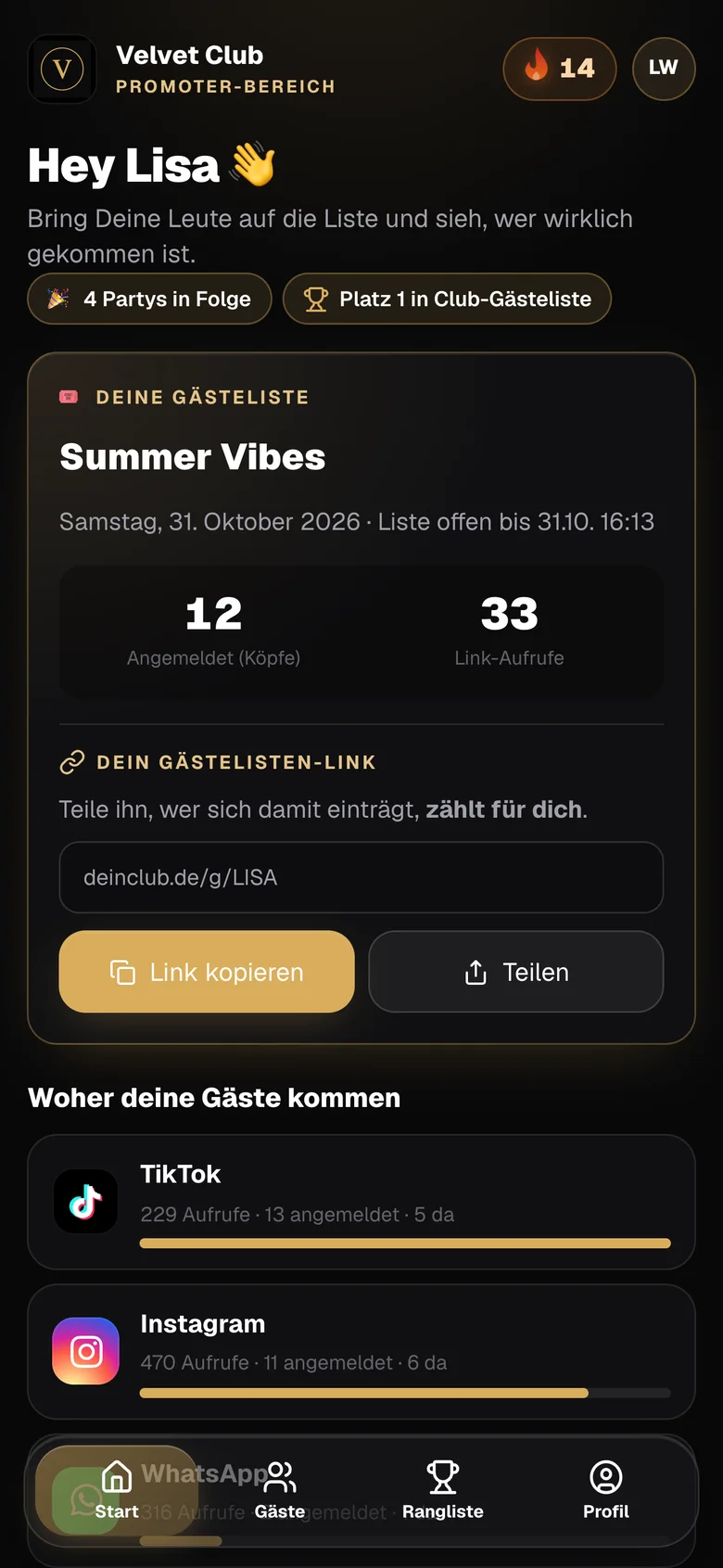 Home screen of the promoter app with guest list, link and streak