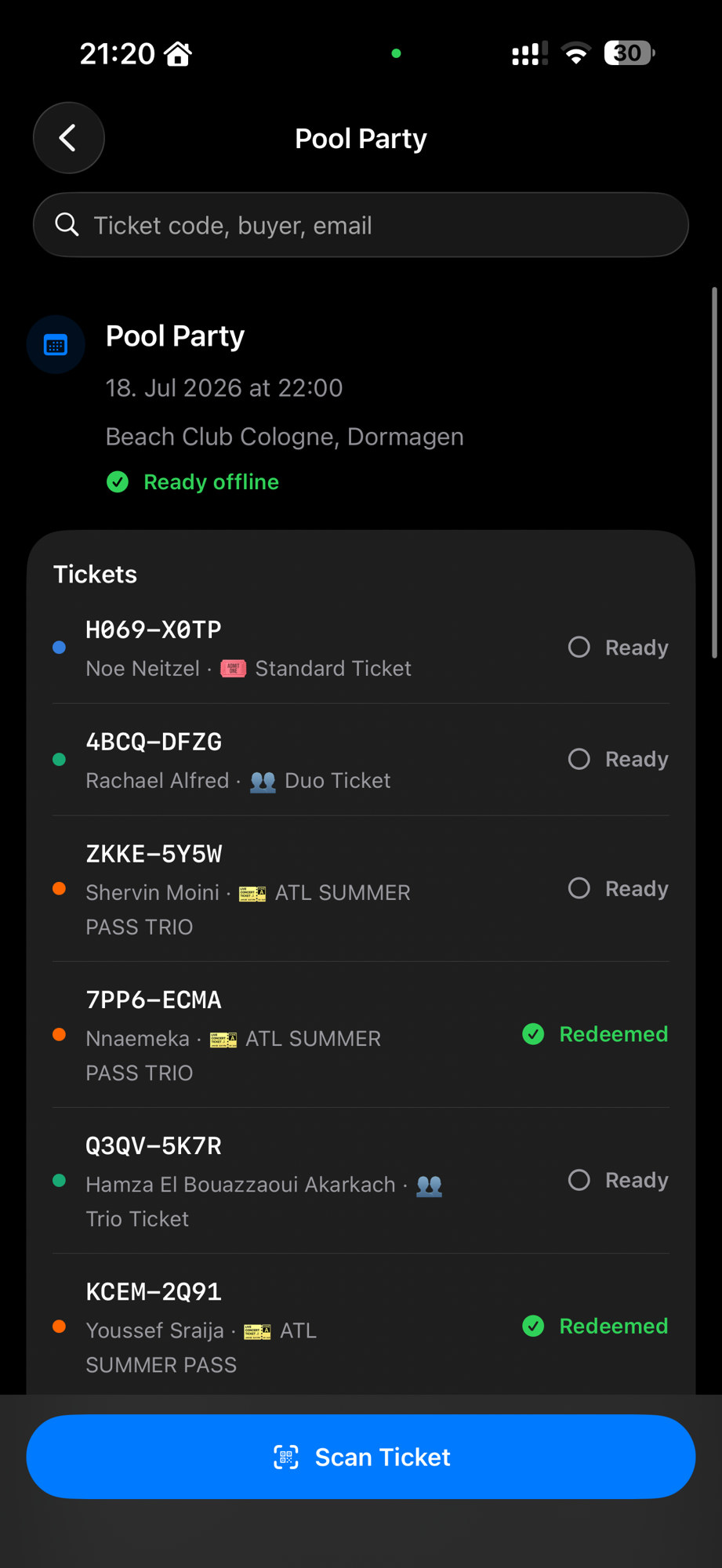 Usetix Scanner. Liste des billets Pool Party avec statut Ready et Redeemed