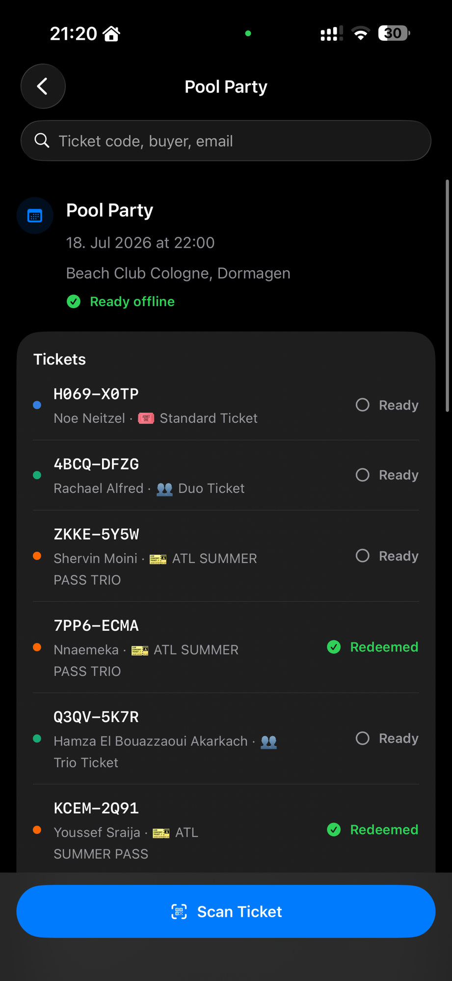 Usetix Scanner. Pool Party ticket list with Ready and Redeemed status